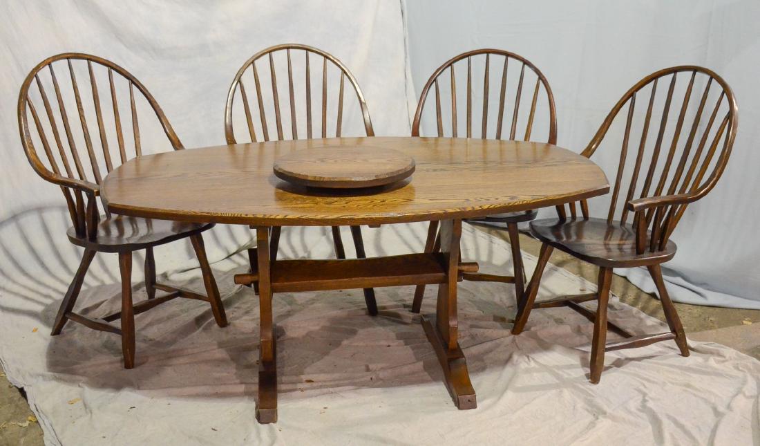 (5) 5 pc. oak dining room set, set includes 4 dining: (5) 5 pc. oak dining room set, set includes 4 dining chairs and table with lazy susan, table measures 29 1/2"h x 65"w x 41 1/4"d, good condition, light wear and scratches