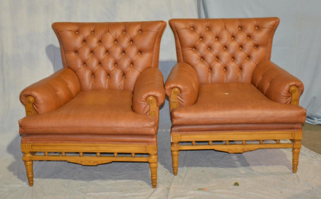Pr of brown upholstered armchairs with turned-leg (1 of 2)