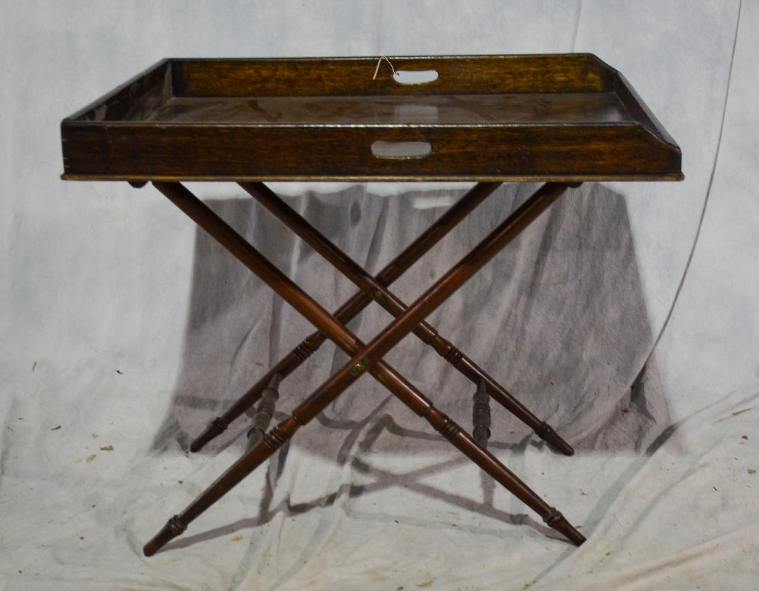Mahogany Georgian style serving tray on folding stand,: Mahogany Georgian style serving tray on folding stand, 36" by 30", 31" high