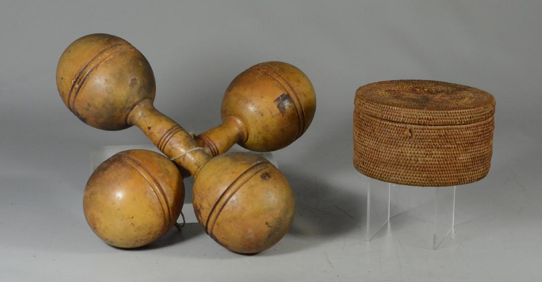 (2) Wooden Dumbbells together with woven lidded basket (1 of 1)