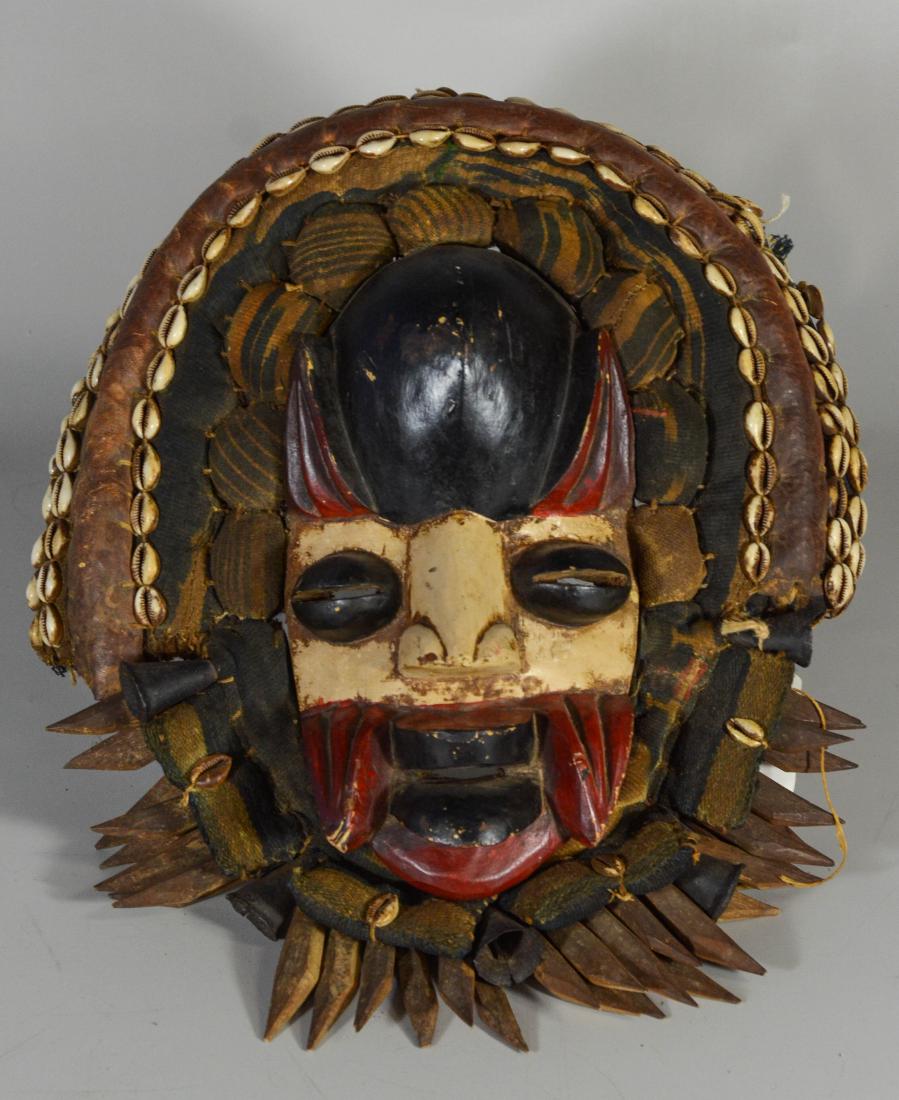 African Congo tribal mask, carved wood, fabric & cowrie (1 of 1)