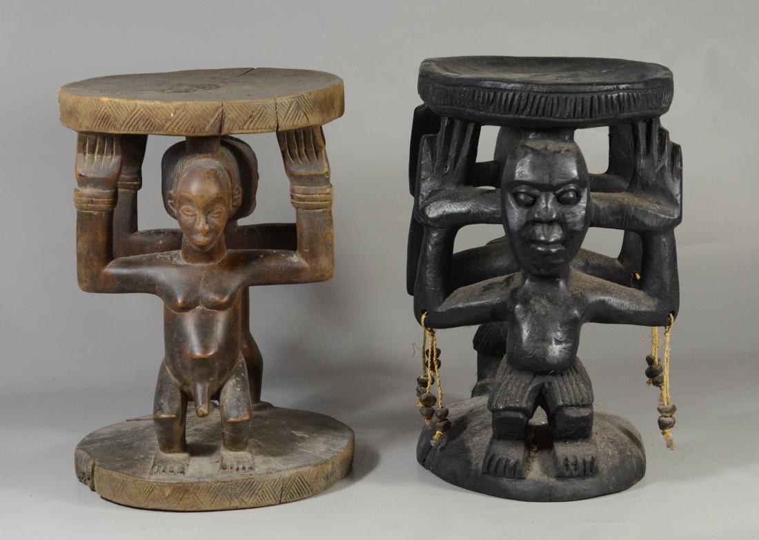 (2) African carved wood figural stools, males & (1 of 2)