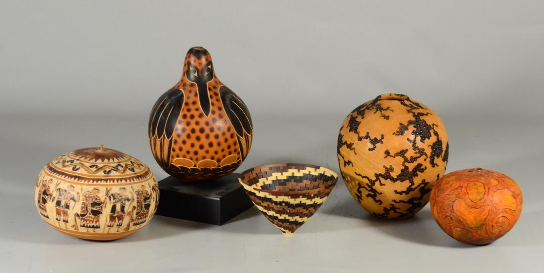 (5) items, two turned wood vessels with burned and (1 of 3)