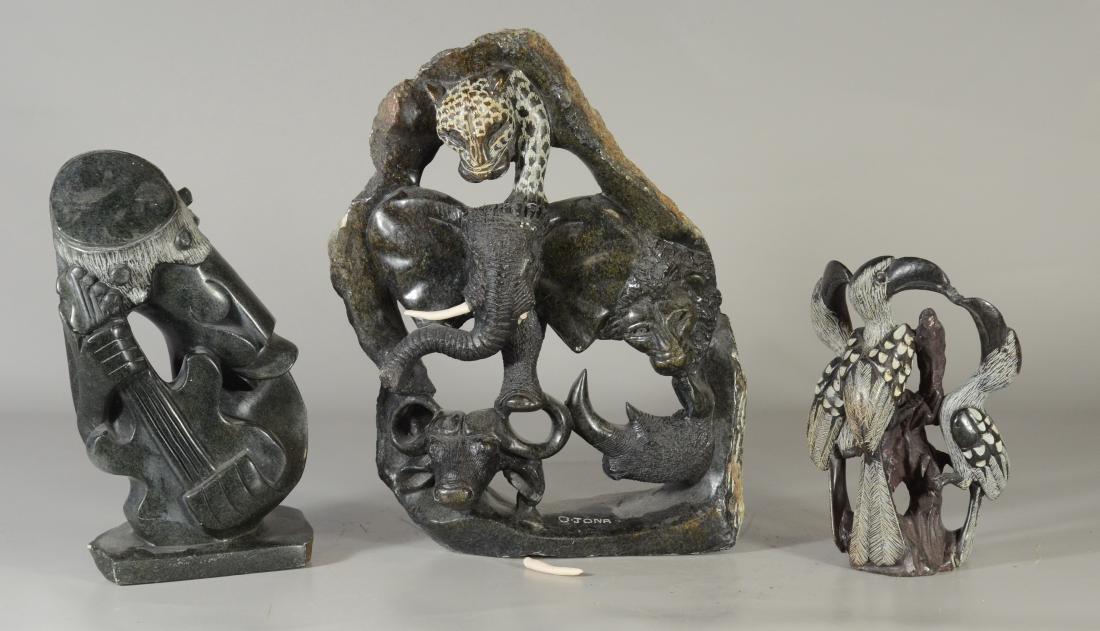 (3) African Shona Soapstone sculptures, largest: (3) African Shona Soapstone sculptures, largest depicting the "big 5" safari animals, signed O Jona, 15" by 10", elephant tusks are no original to the sculpture, one has broken off; Other pieces inclu