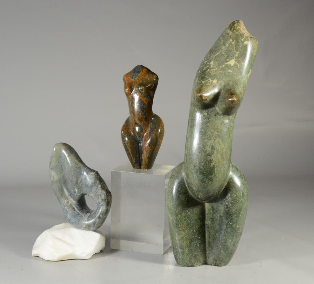 (3) Stone sculptures, 2 nude torsos, and free-form: (3) Stone sculptures, 2 nude torsos, and free-form sculpture, two signed illegibly, tallest 17"