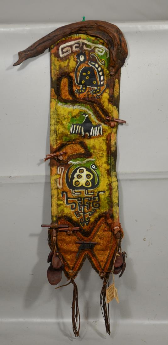 Batik wall hanging in the style of those made in Java,: Batik wall hanging in the style of those made in Java, Indonesia, by El Boyero, Argentinian artisans, vegetal elements, leather, seeds, 37" long by 8" wide