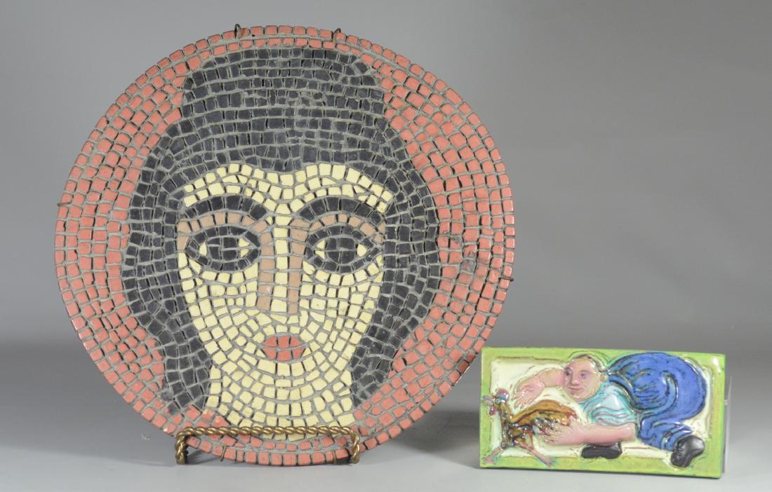(2) Pieces glazed pottery, mosaic charger & tile (1 of 3)