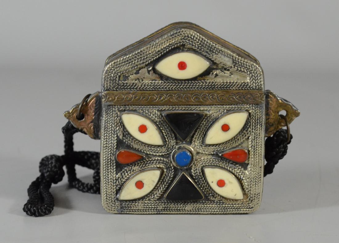 Near Eastern inlaid prayer box, silver & brass tone, 5" (1 of 2)