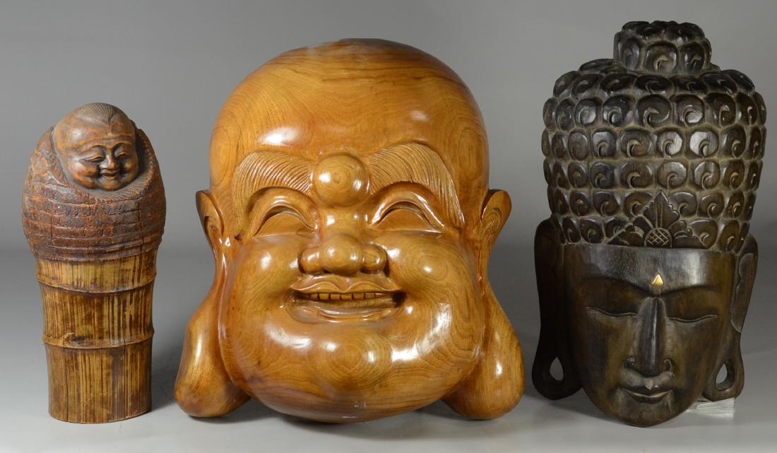 (3) Asian carvings, 2 wooden masks and a bamboo figure, (1 of 4)