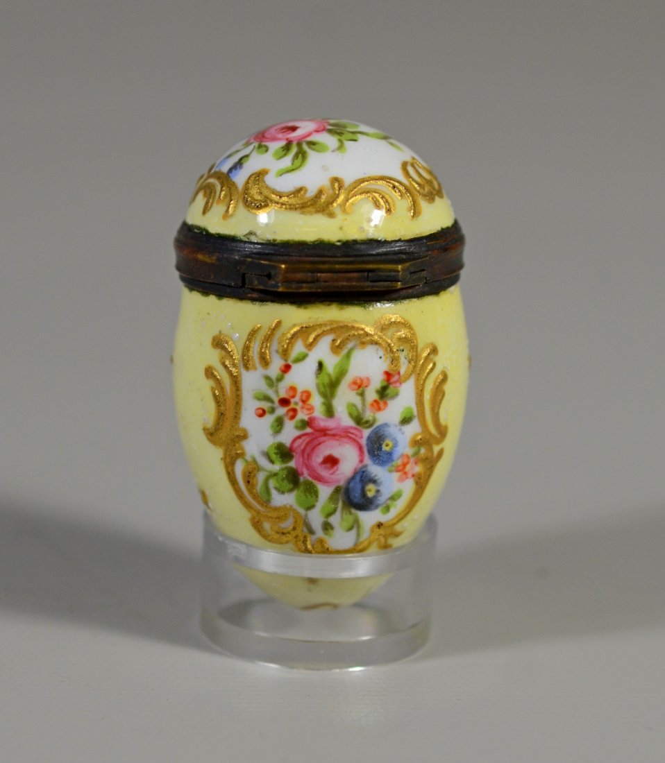 Battersea Bilston English enamel egg box, floral dec (1 of 4)