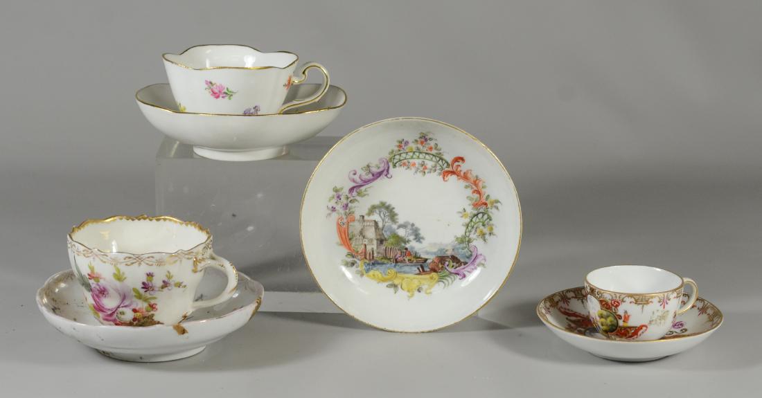 (3) Meissen cups with saucers: (3) Meissen cups with saucers, with an extra saucer, all with blue crossed sword marks, largest saucer 5 1/4"