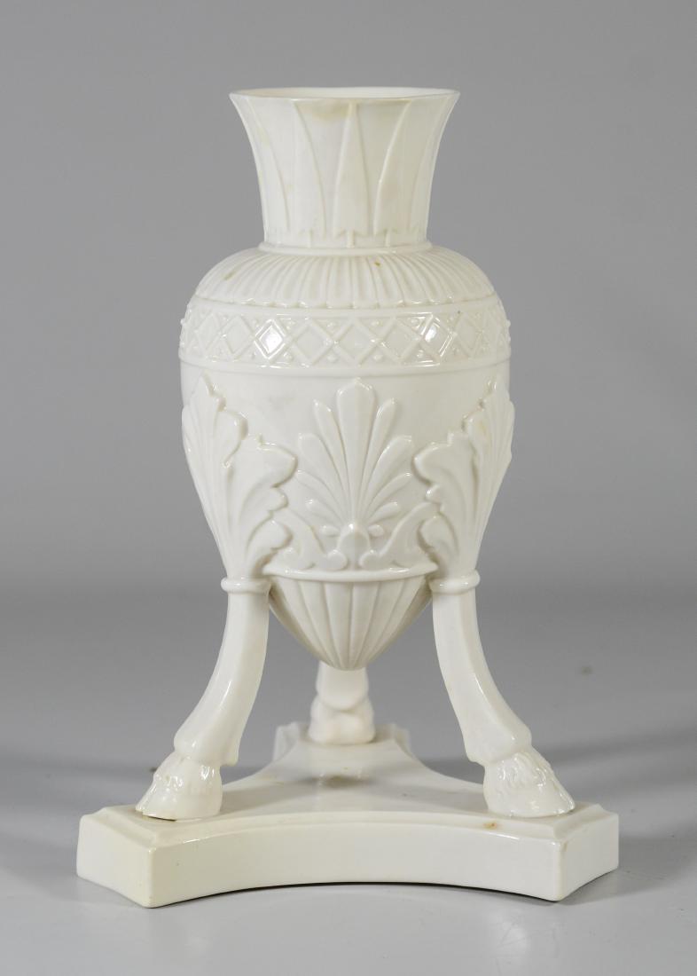 1st Period Irish Belleek amphora urn / platform base: 1st Period Irish Belleek amphora urn on platform base with hoof feet, 1st Black mark, 9 1/2" h, Very good condition, no damages or repairs