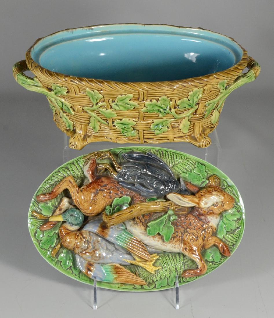 Mintons majolica game tureen, rabbit and 2 birds on lid (1 of 3)