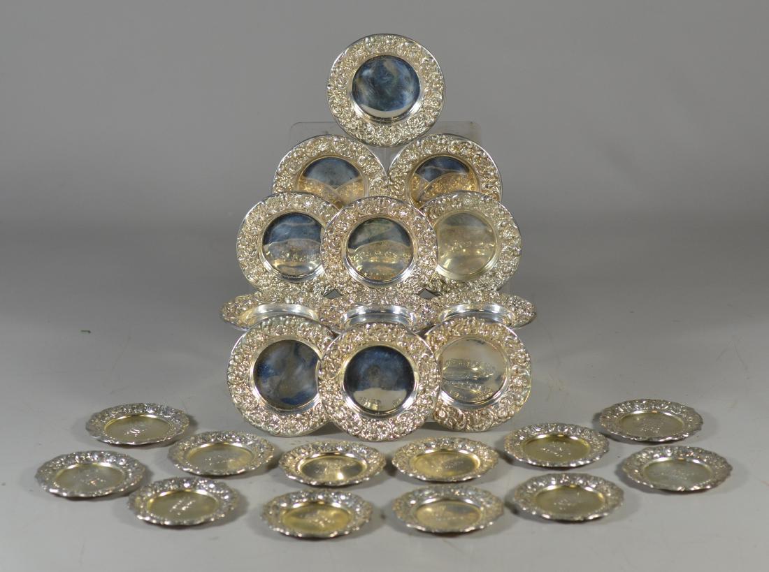 (12+12) repousse border sterling silver butter pats: (12+12) repousse border sterling silver butter pats, Hamilton & Diesenger, no mono, 3 1/2" d; Whiting 3" d, mono, 21.48 TO total weight