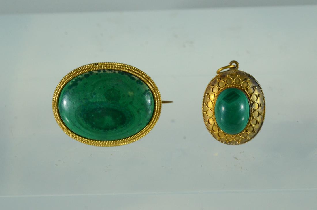 Oval YG malachite cabochon pin & Jade Victorian Pendant (1 of 6)