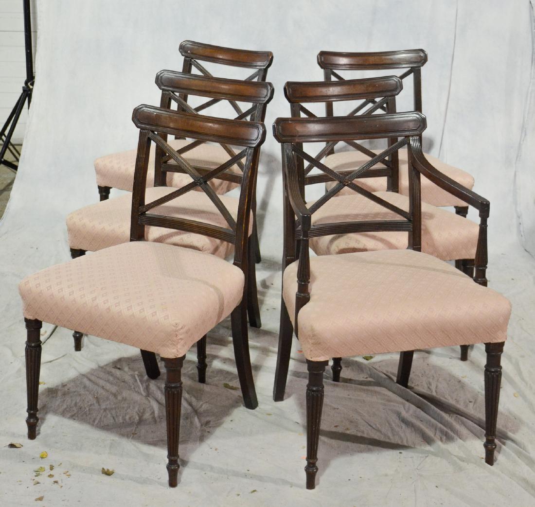 (6) Mahogany American Federal dining room chairs: (6) Mahogany American Federal dining room chairs including one with arms, reeded stiles and x-form backs, reeded front legs, one lacking rosette in center of back, 33.5" h, upholstered over seats