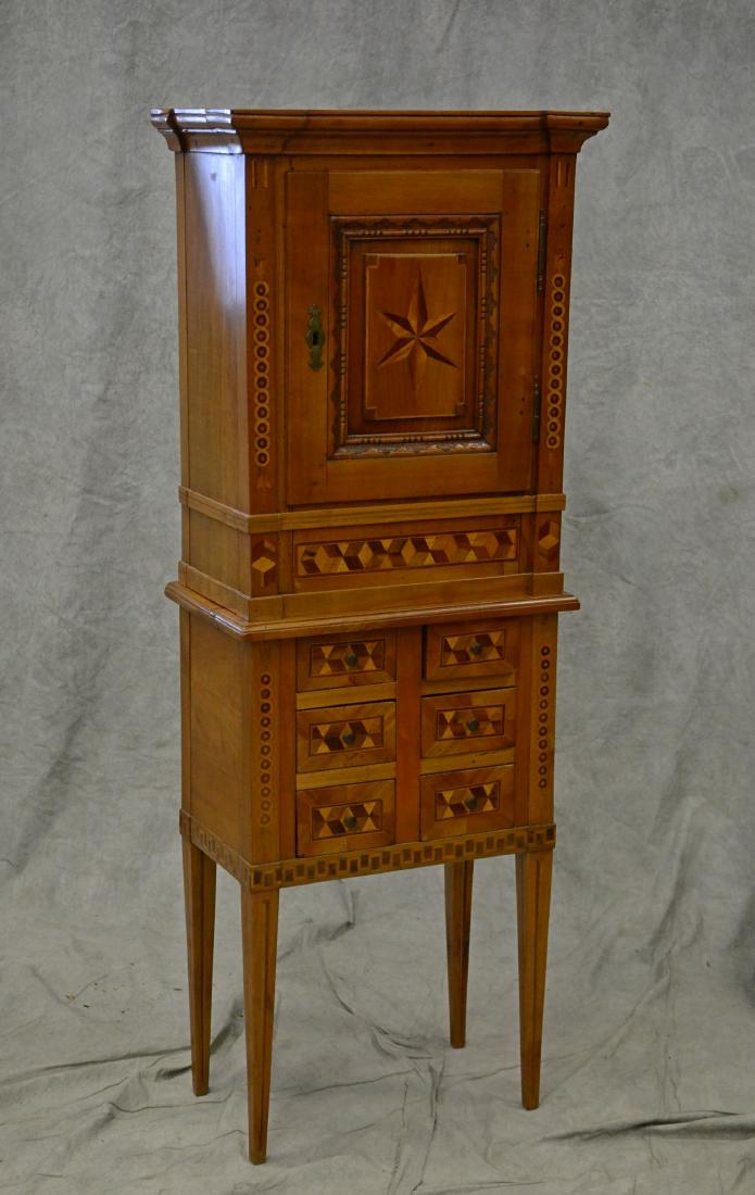 Geometric inlaid fruitwood cabinet on stand (1 of 2)