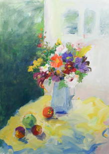 Mary Page Evans (American b 1937), o/c: Mary Page Evans (American b 1937), still life painting, "Flowers on Yellow Tablecloth", oil on canvas, signed lower right, 40" x 28-1/4", in a 30" x 41-1/2" frame, very good condition