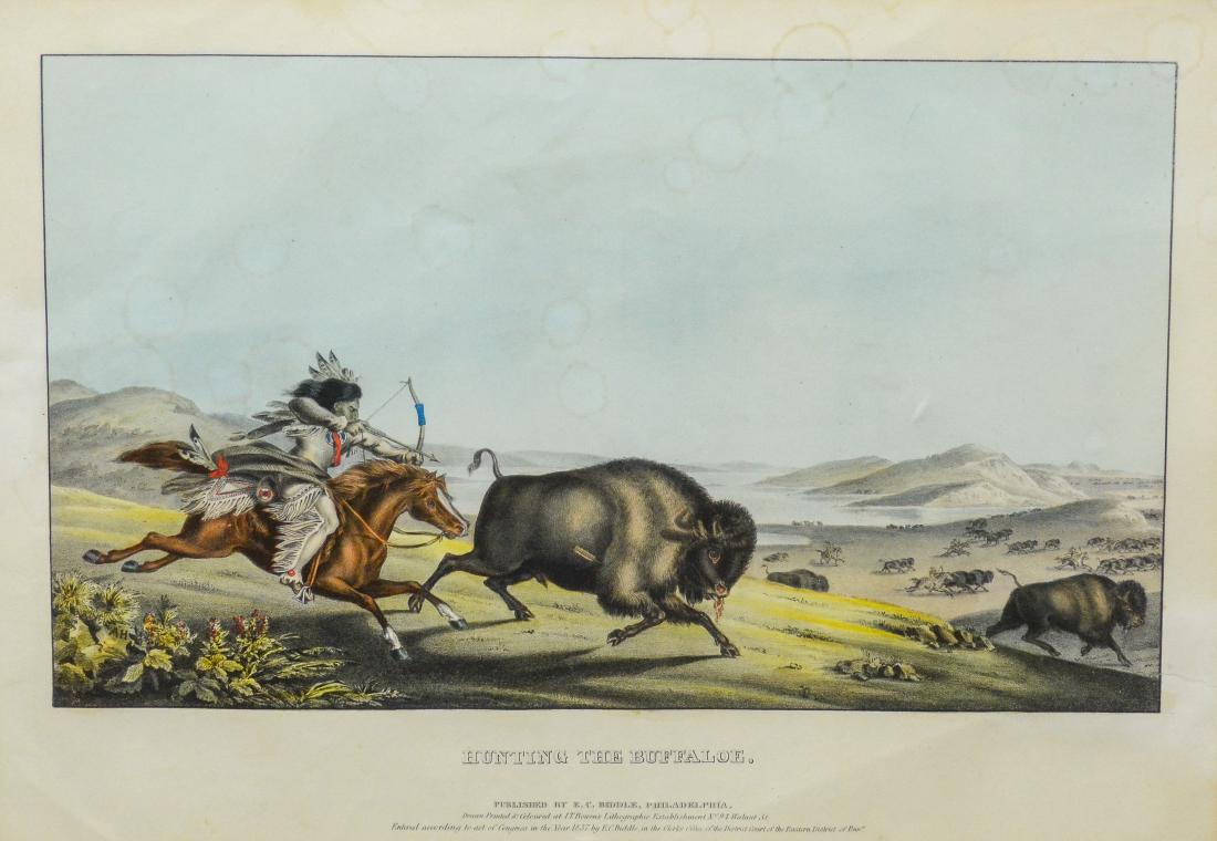 Hand-colored lithograph on paper, "Hunting the Buffa: Hand-colored lithograph on paper, "Hunting the Buffaloe" by J.T. Bowen Lithography Company, Philadelphia, dated 1837, in matted frame. On the reverse of the frame in a clear sleeve are 4 pages of the 