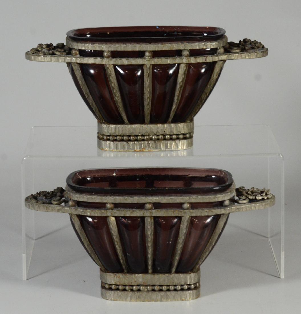 Pr Amethyst blown glass planters in pewter frames (1 of 6)