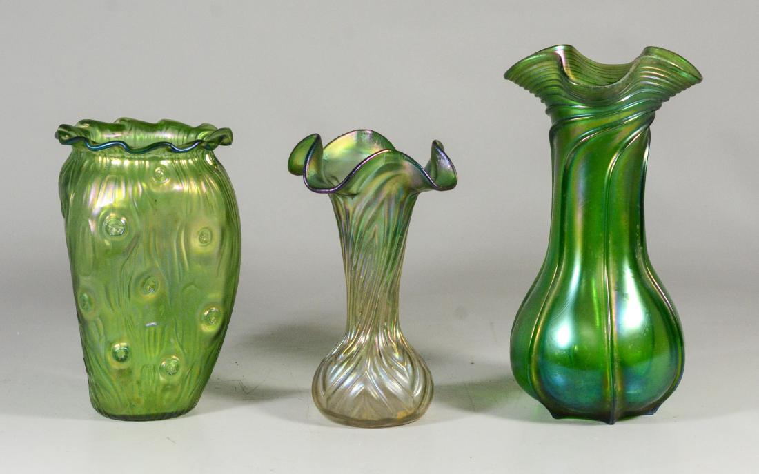(3) green Loetz type art glass vases, tallest 9 1/4" (1 of 4)