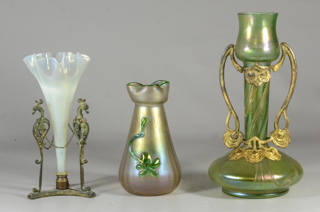 (3) iridescent Loetz type art glass vases (1 of 4)