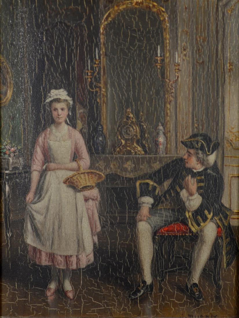 A DuBois, 19th C French, oil/panel: A DuBois, 19th C French, painting of young French noble and maid, oil on wood panel, signed "A DuBois", 9-1/4" x 7", framed 15-1/4" x 13-1/2", good condition with alligatoring, original gilt frame