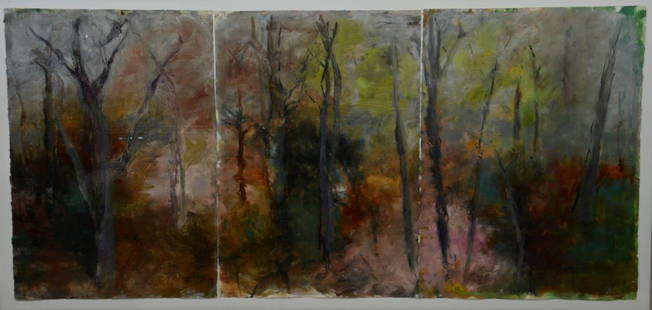 Mary Page Evans, Delaware Artist, mixed media: Mary Page Evans, Delaware Artist, large triptych landscape painting, mixed media on 3 sheets of paper, signed lower right, 30" x 64" sheet, framed 34-3/4" x 68-3/4", very good condition