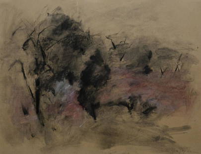 Mary Page Evans, Delaware Artist, pastel: Mary Page Evans, Delaware Artist, abstract landscape drawing, "Albemarle Crabapple #2", pastel and charcoal on paper, 20" x 26", framed 28-3/4" x 34-3/4", very good condition