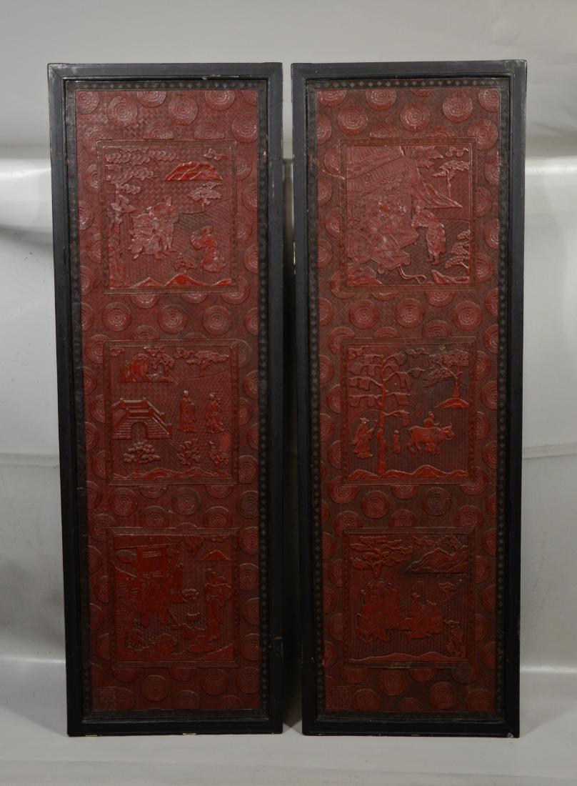 Pair of Chinese carved cinnabar lacquer panels, 46" (1 of 7)