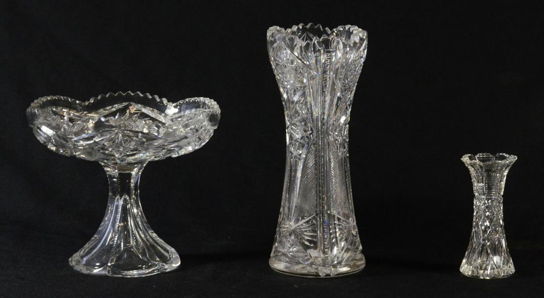 (3) pcs cut glass, two vases and compote, tallest 10" (1 of 2)