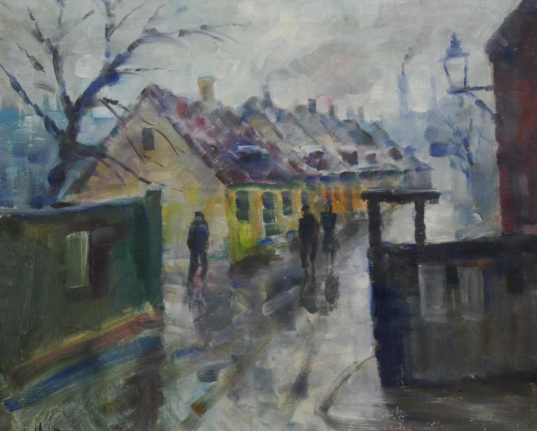 Mogens Vantour (Danish, 1895-1977), oil painting: Mogens Vantour (Danish, 1895-1977), oil painting of rainy street scene, oil on canvas, signed "Vantour" lower left, 26" x 31-1/2", frame size 29-3/4" x 35-1/4", good condition with small pinhole in ce