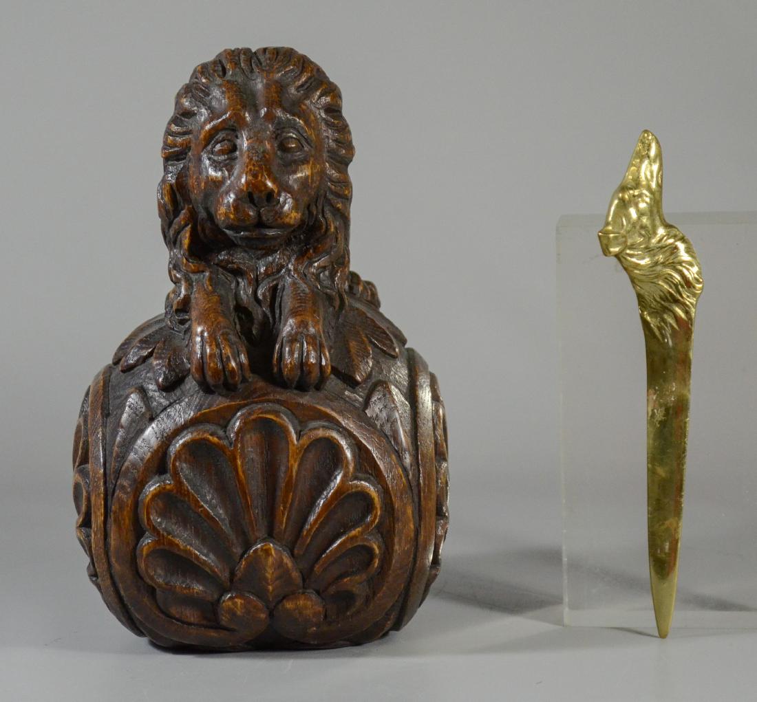 2 Pieces to include a carved oak lion newel post fini (1 of 5)