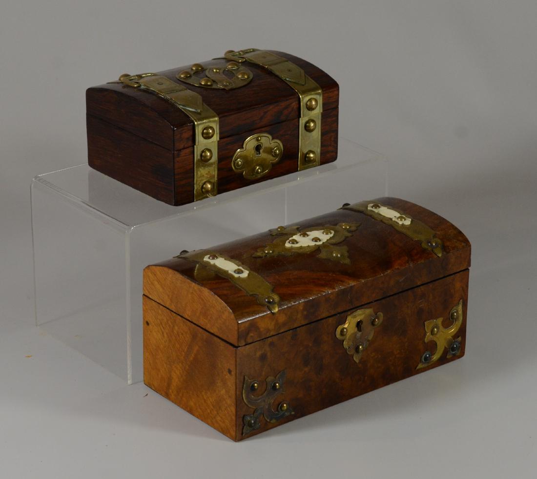 2 Victorian brass mounted wood boxes, a 2-compartment: 2 Victorian brass mounted wood boxes, a 2-compartment tea box with bone plaques, and a smaller box with buckle style brass attachments, small repair to one buckle, largest 8-3/4" w