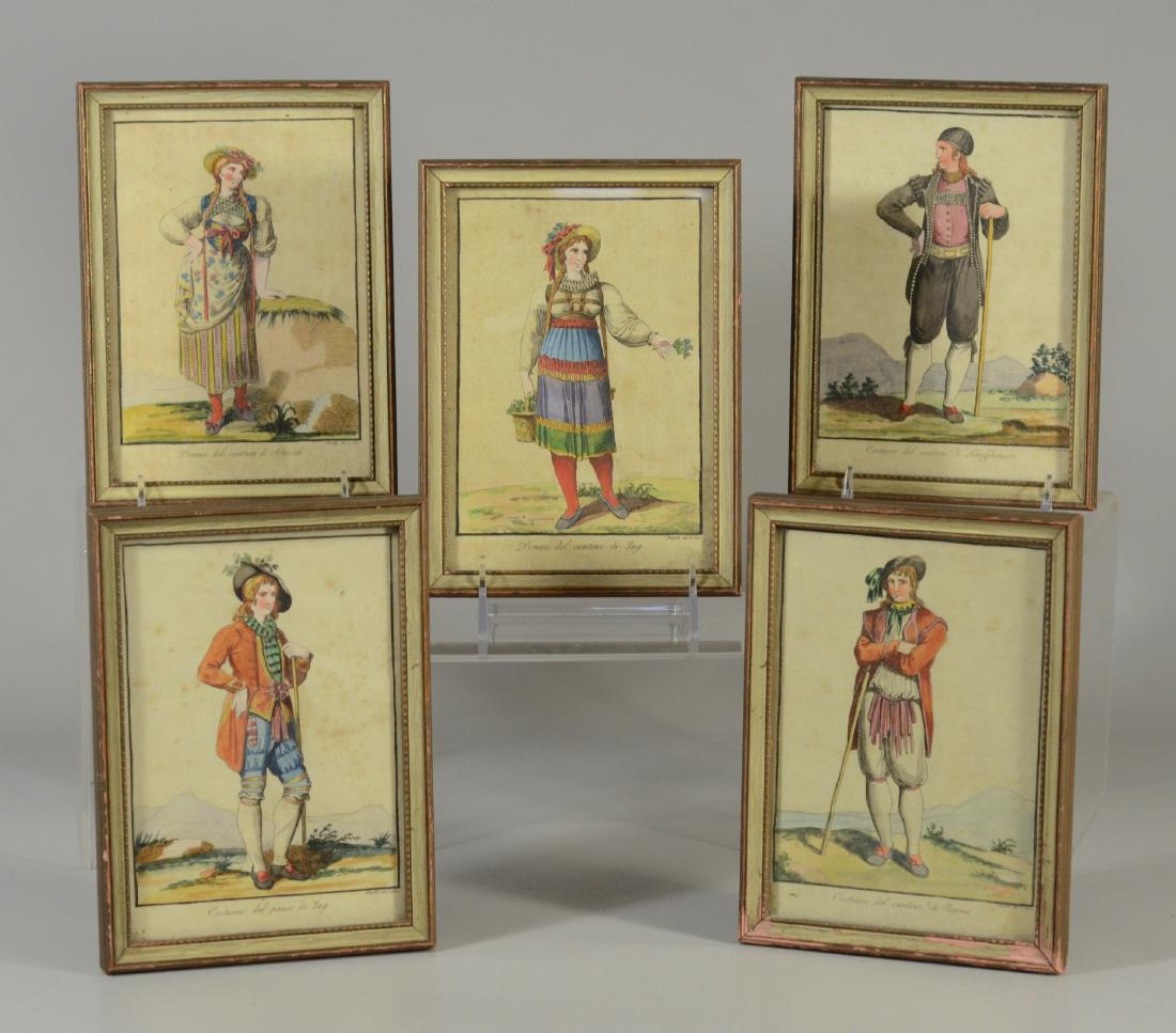 Bartolomeo Pinelli (5) hand-colored engravings from R: Bartolomeo Pinelli (5) hand-colored engravings from Raccolta di Qindici Costumi Li Piu Interessanti della Svizzera, each framed size 7-3/4" x 5-3/4", good condition, not inspected out of frames, tonin
