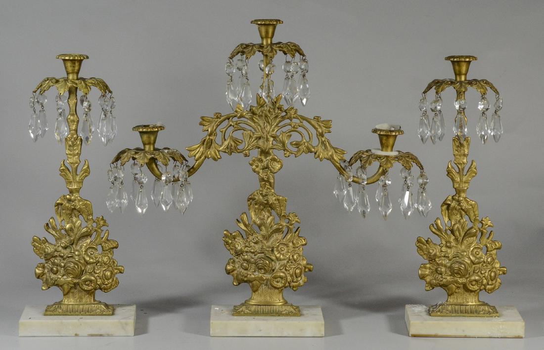 3 piece marble, brass and crystal girandole set, cent (1 of 2)