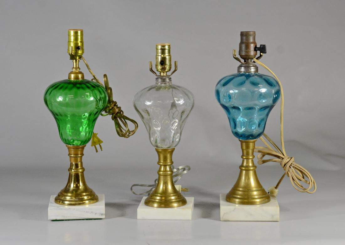 3 Oil lamps, green, clear and blue, tallest 16" h, al (1 of 4)