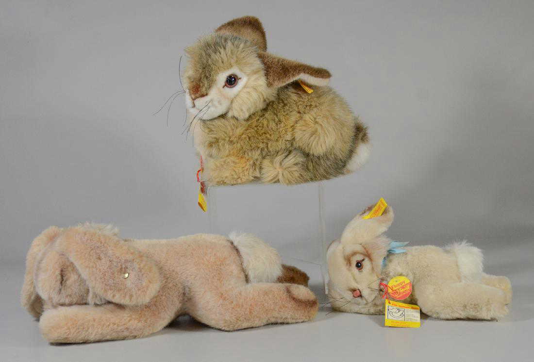 3 Steiff plush Rabbits, Floppy, Dormy & 1 Laying Down