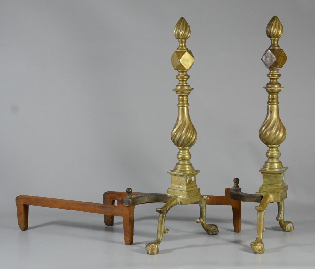 Pair antique Chippendale style brass andirons with cl (1 of 1)