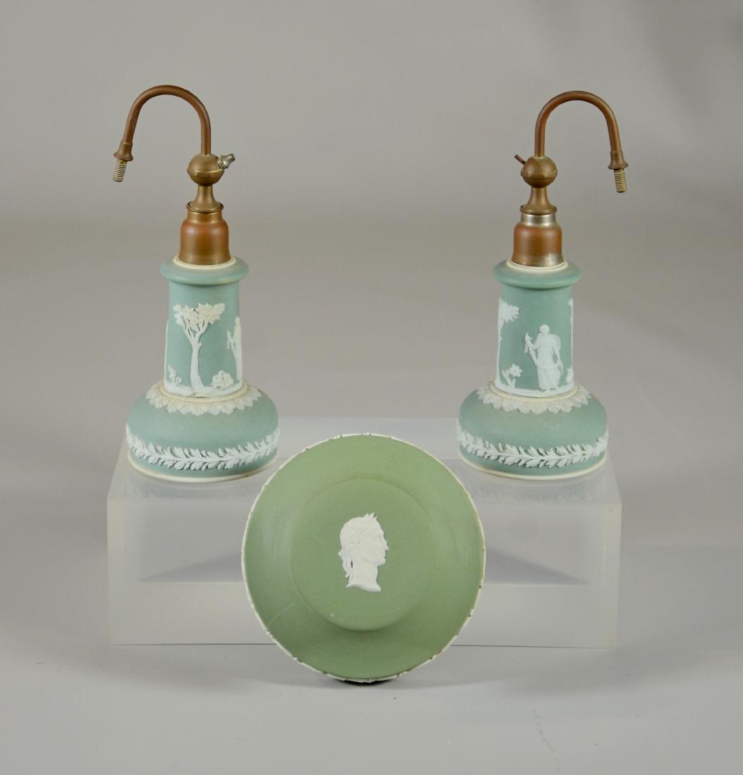 (3) Wedgwood green Jasperware, including 2 atomizers (1 of 3)