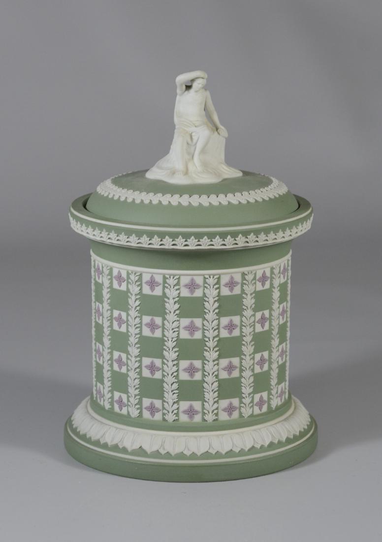 Wedgwood tricolor dip Diced Humidor, green, lilac &: Wedgwood tricolor dip Diced Humidor, green, lilac & white, figural finial of seated woman with lyre, impressed "Wedgwood Made in England No 42 72 HB X", 8" h x 5" dia, very good condition, no cracks o