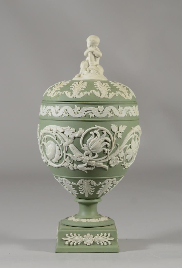 Wedgwood green & white Jasperware covered urn with c (1 of 9)