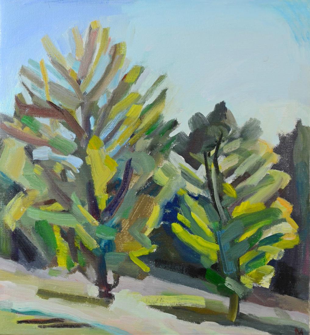 Martha Armstrong, Landscape painting, "Two Trees": Martha Armstrong, American, born 1935, Landscape painting, "Two Trees", oil on linen, signed MA, bears gallery label from Gross McCleaf Gallery, Philadelphia, PA, 15"h x 14"w, frame 16 1/2"h x 15 1/2"