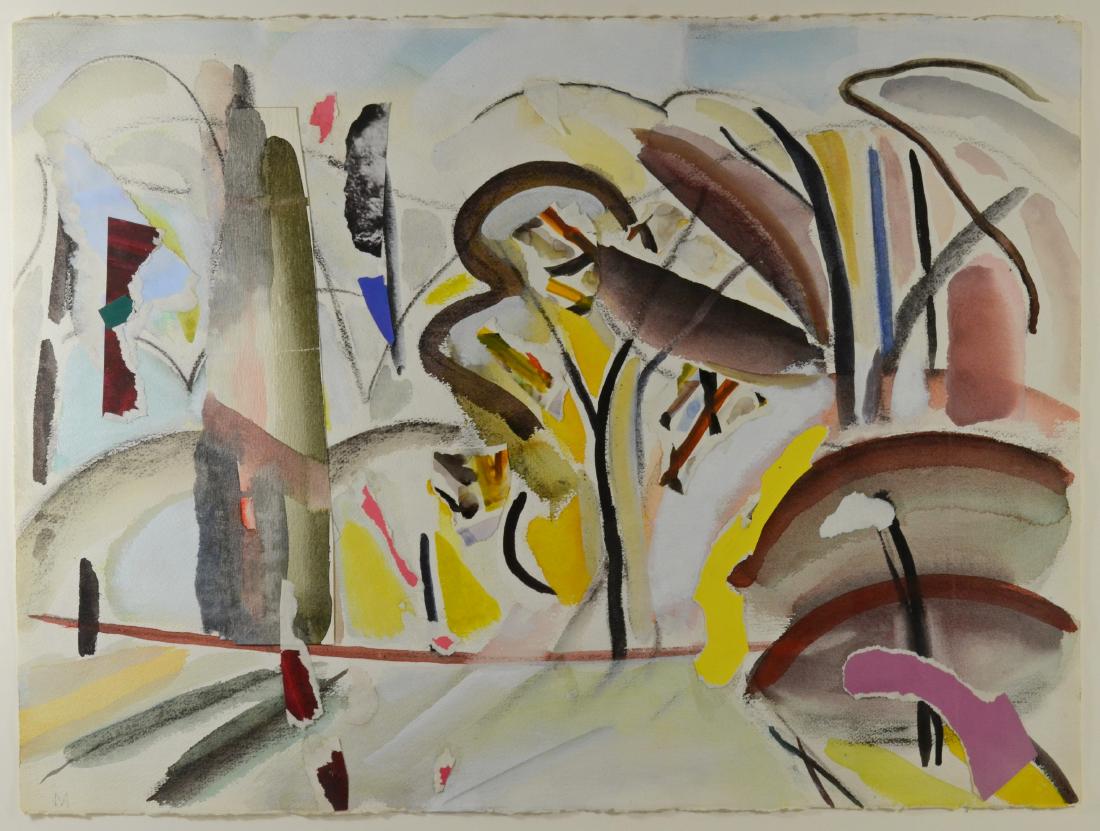 Martha Armstrong, Mixed Media abstract, Peach Orchard I: Martha Armstrong, American, Born 1935, Mixed Media landscape abstract, Peach Orchard I, signed MA, bears Gross McCleaf Gallery, Philadelphia, PA, 22"h x 30"w sheet, very good condition