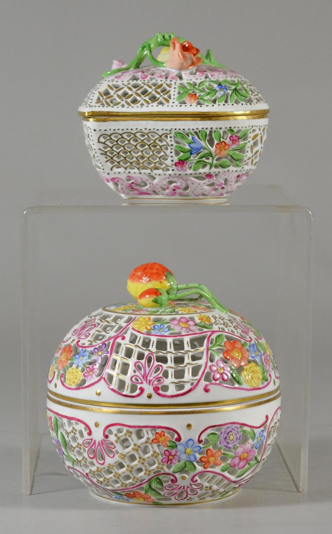 2 Herend porcelain reticulated boxes, 1 round with s