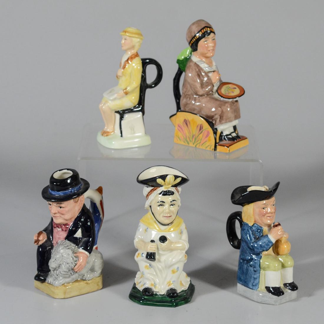 5 Kevin Francis Ceramics toby jugs: 5 Kevin Francis Ceramics toby jugs, Clarice Cliff 1993 Guild Issue 4-1/8" h, Martha Gun 1995 Guild Issue 4-1/4" h, woman with tablet 1994 Guild Issue 4-1/8" h, man with pitcher 1993 Guild Issue 3-3/4"