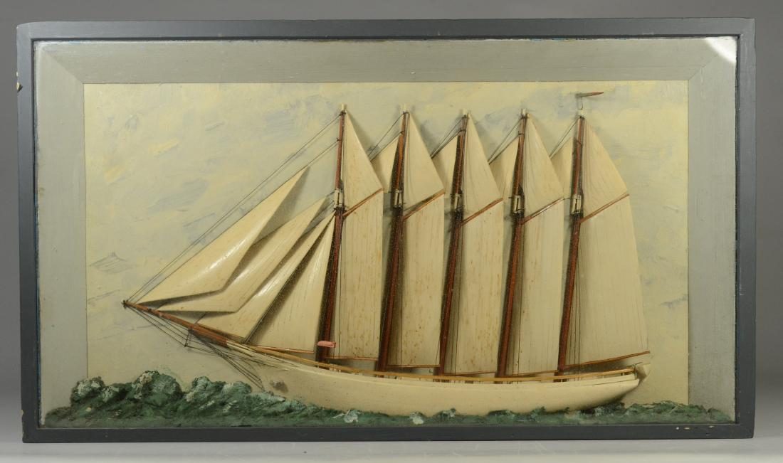 Antique half ship model diorama, carved and painted