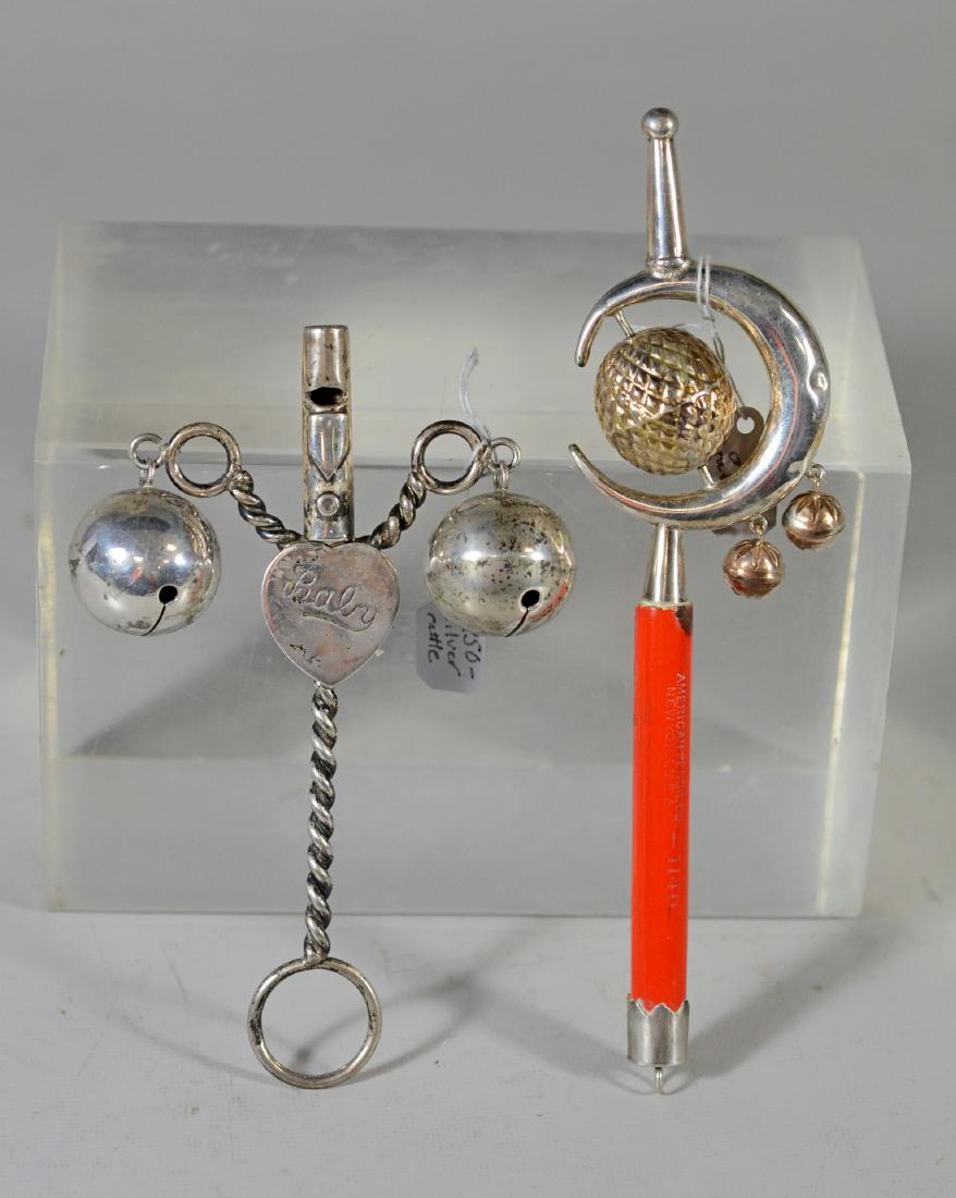 2) Baby rattles, one sterling silver with whistle (1 of 3)