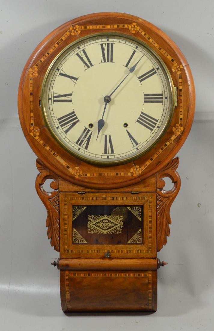 Geometric inlaid fruitwood regulator wall clock (1 of 5)