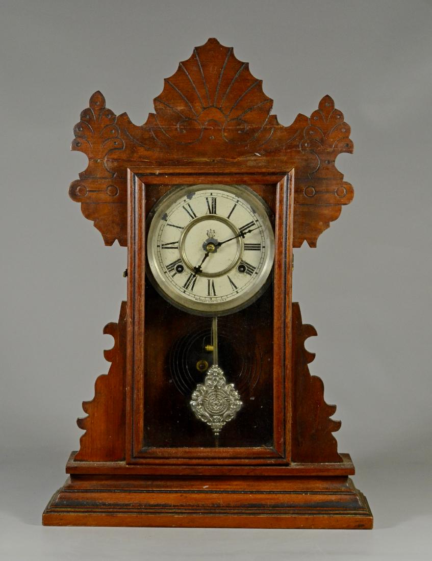 Waterbury walnut shelf clock, incised carving, crest (1 of 4)